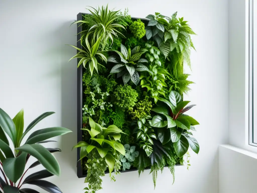 Un impresionante jardín vertical interior moderno con exuberante vegetación que cae por una elegante pared blanca