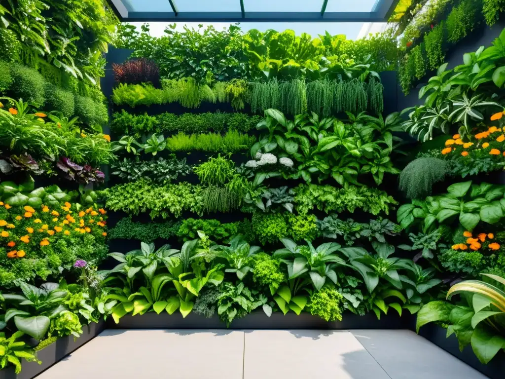 Un impresionante jardín vertical moderno en 8k con alimentos funcionales para huerto vertical