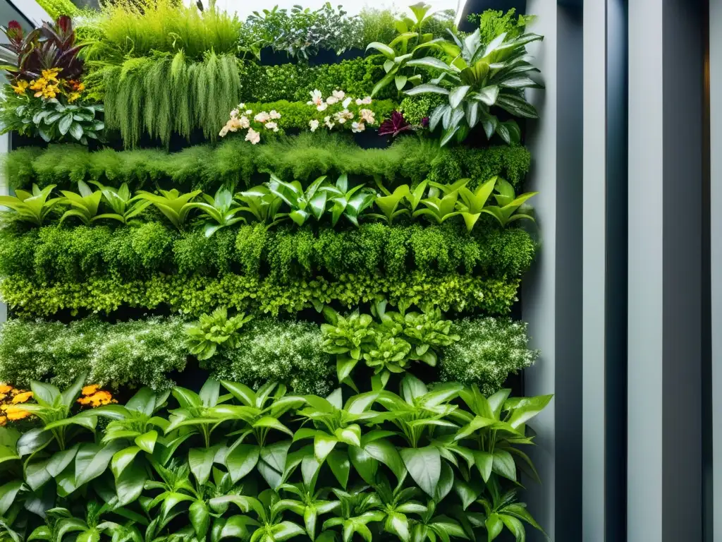 Un impresionante jardín vertical moderno con plantas vibrantes y saludables