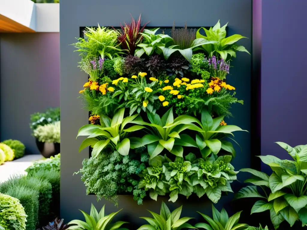 Un impresionante jardín vertical moderno con una variedad de vegetales y hierbas, mostrando la rotación de cultivos en huertos verticales