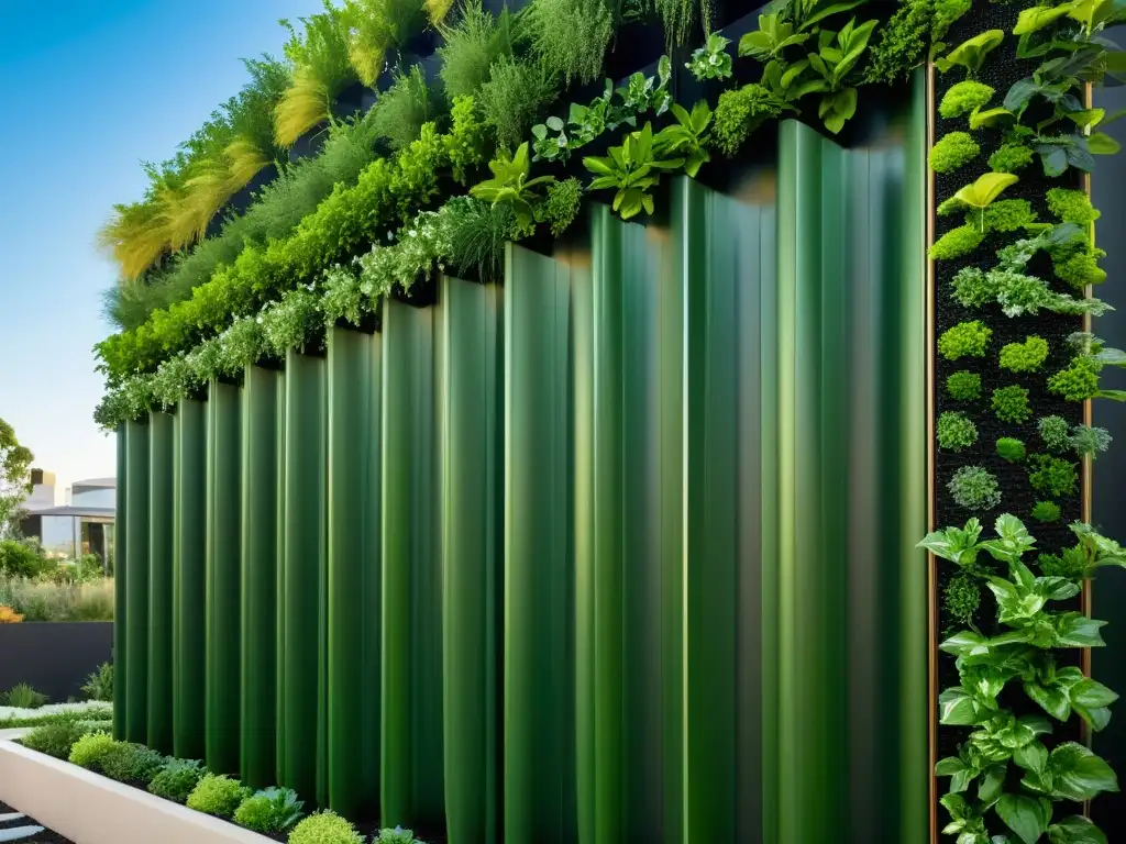 Jardín vertical innovador: integración natural y diseño urbano Un impresionante jardín vertical con riego sostenible para huertos verticales, integrando naturaleza y diseño moderno en un entorno urbano
