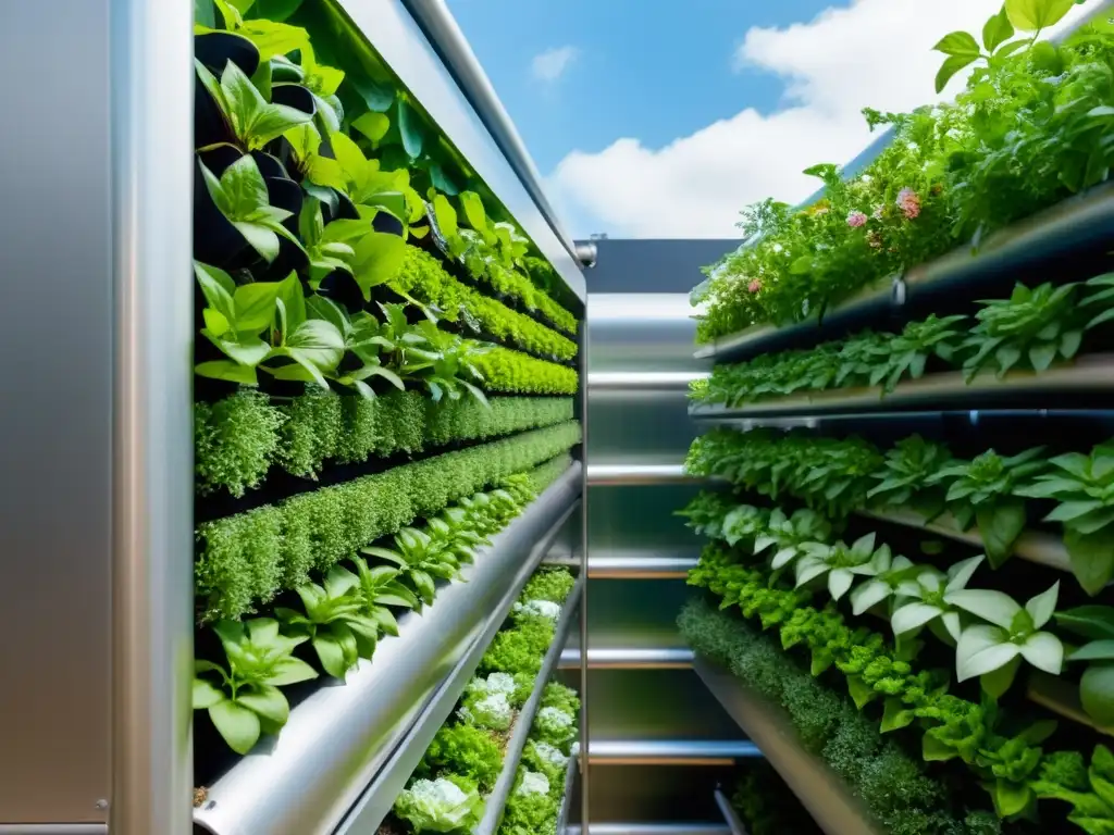 Un impresionante jardín vertical y sistema acuapónico en entorno urbano, exhibiendo beneficios de cosecha de agua de lluvia y huertos urbanos