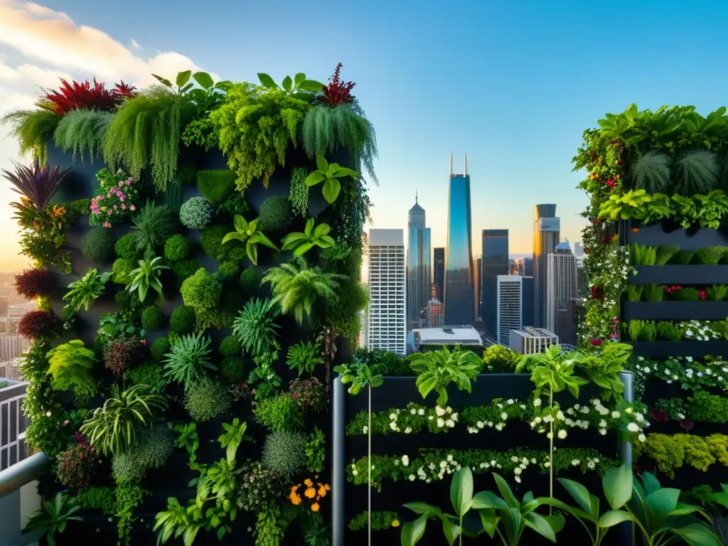 Un impresionante jardín vertical urbano con la ciudad de fondo