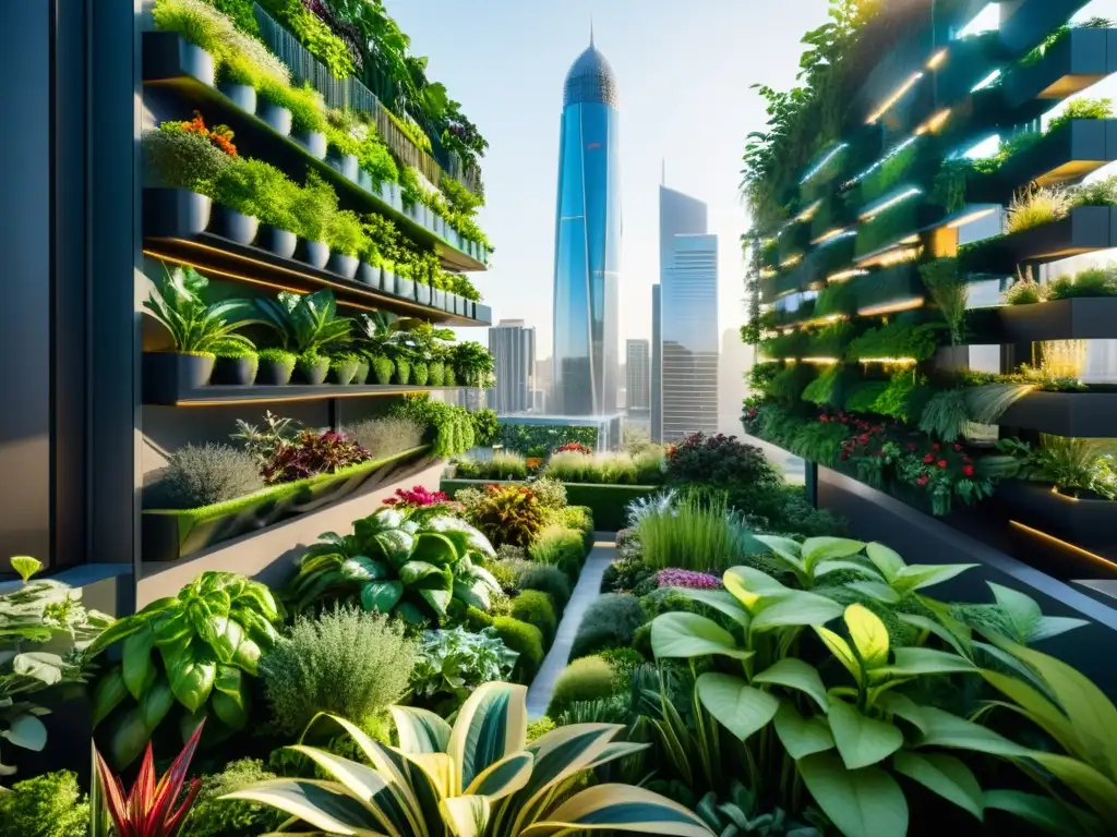 Un impresionante jardín vertical urbano de diseño futurista, lleno de plantas exuberantes, en armonía con la ciudad