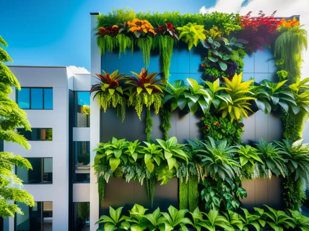 Un impresionante jardín vertical urbano con una exuberante variedad de vegetación, en contraste con la arquitectura urbana