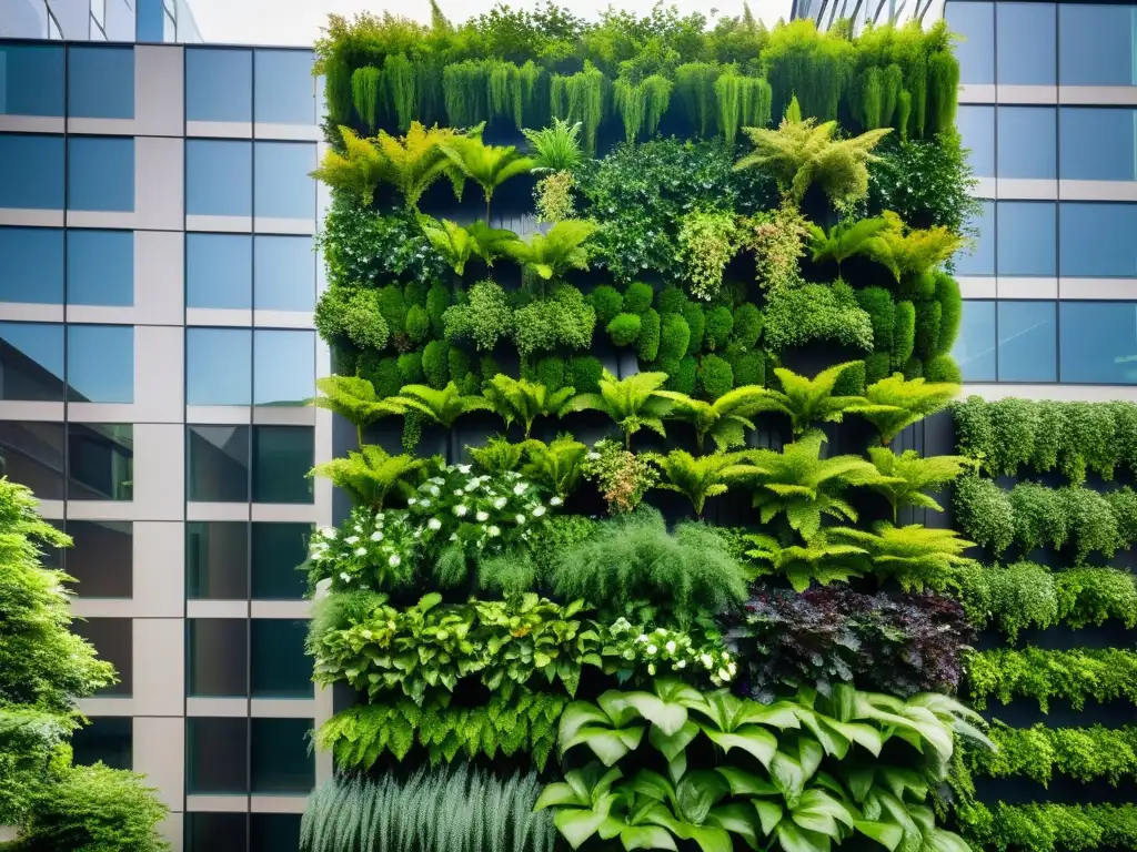 Un impresionante jardín vertical urbano, montando huerto vertical paso a paso, con plantas vibrantes y diseño sostenible