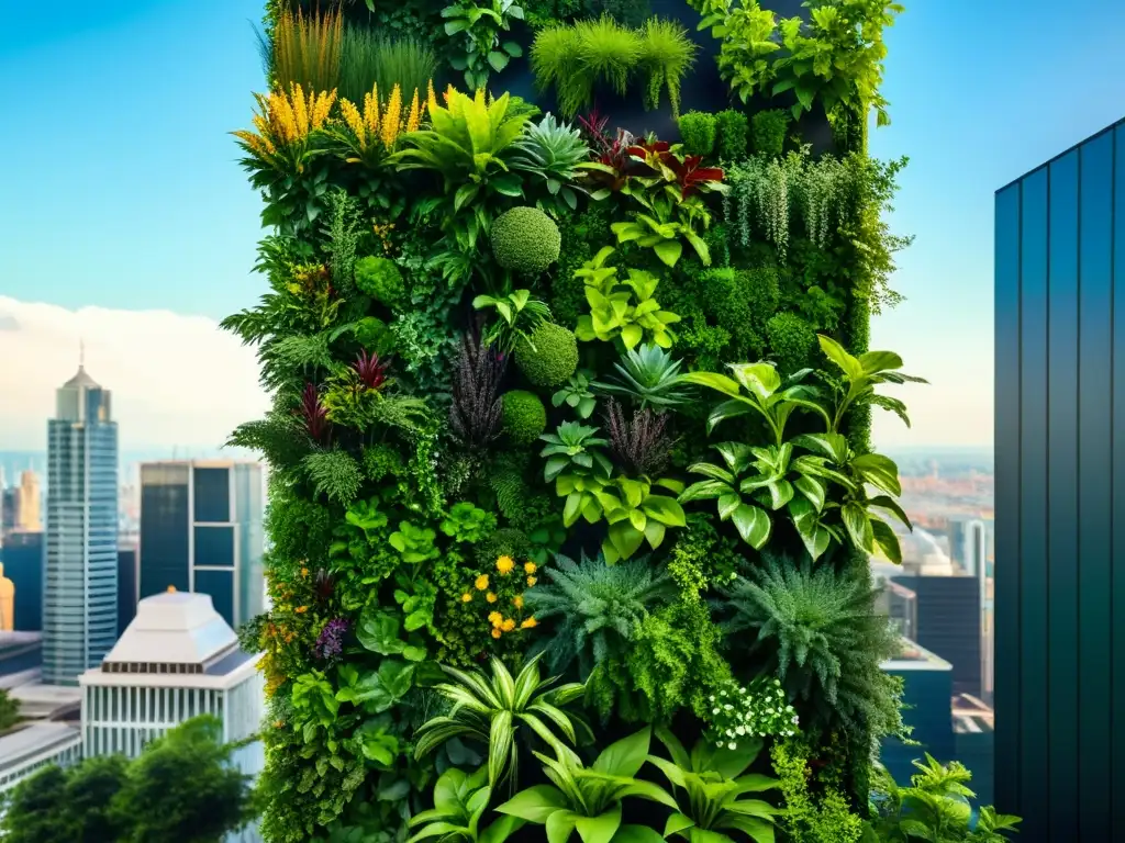 Un impresionante jardín vertical urbano con huertos verticales sostenibles urbanos, contrastando con el bullicio de la ciudad