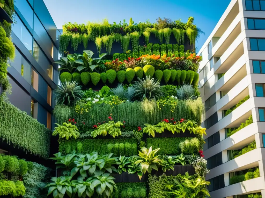 Un impresionante jardín vertical urbano en un rascacielos moderno, integrando la naturaleza en la ciudad