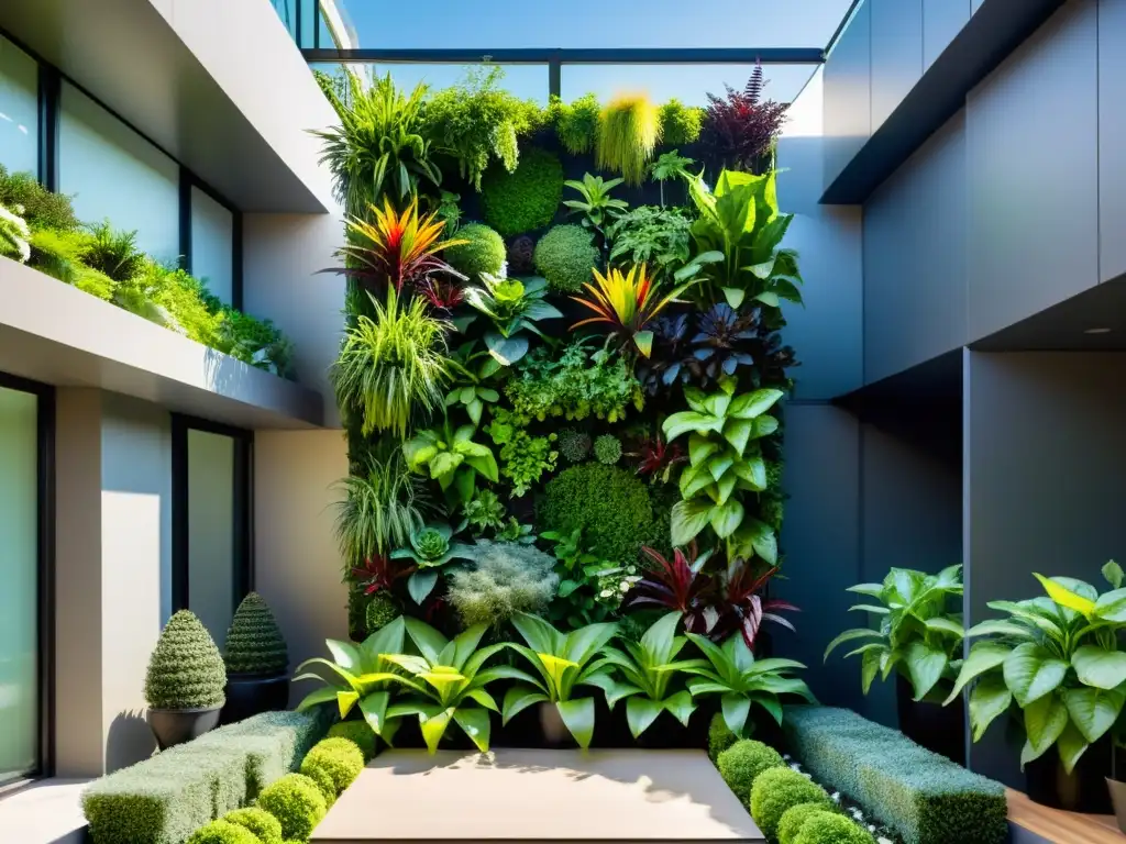 Un impresionante jardín vertical urbano con una variedad de plantas exuberantes y vegetales