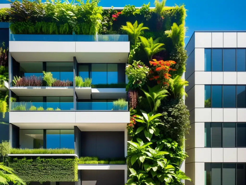 Un impresionante jardín vertical urbano, vibrante y biodiverso, resalta la integración de la naturaleza en la ciudad