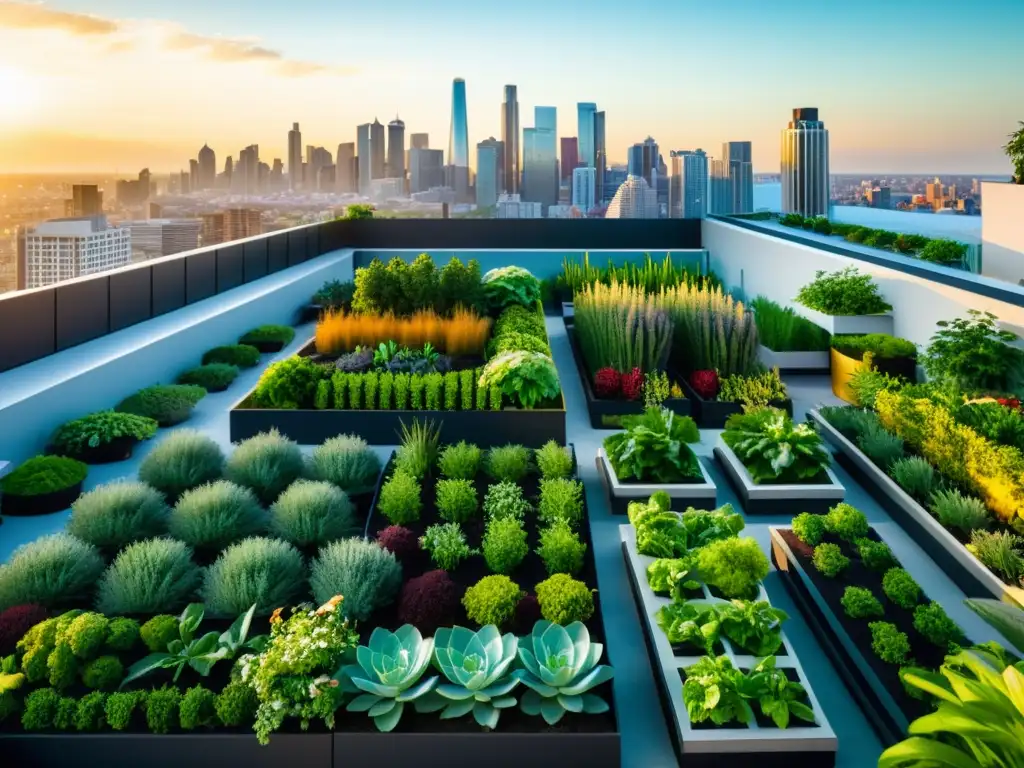 Una impresionante vista de un huerto urbano con vegetales y plantas en huertos verticales, integrado de manera armoniosa en la ciudad