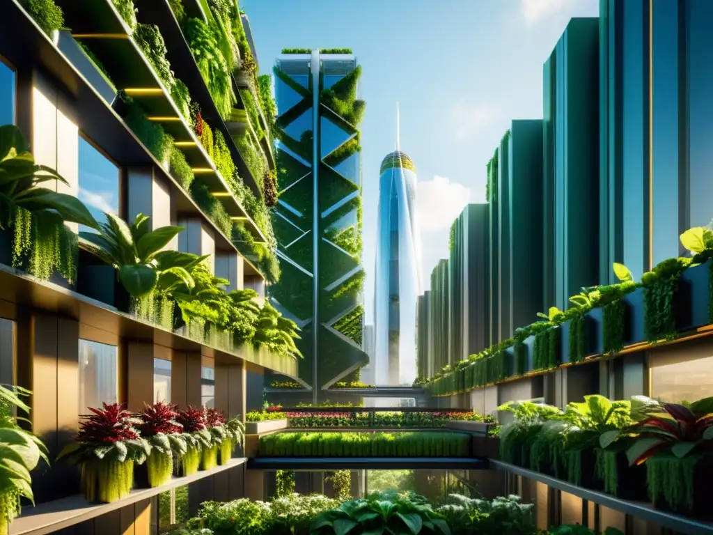 Una impresionante vista de un paisaje urbano futurista con huertos verticales que muestran los beneficios de la agricultura sostenible en la ciudad