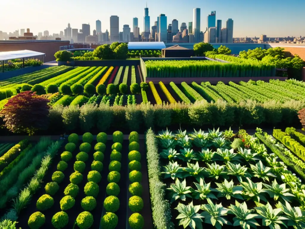 Increíble jardín urbano con cultivos verdes, sol dorado y skyline urbano