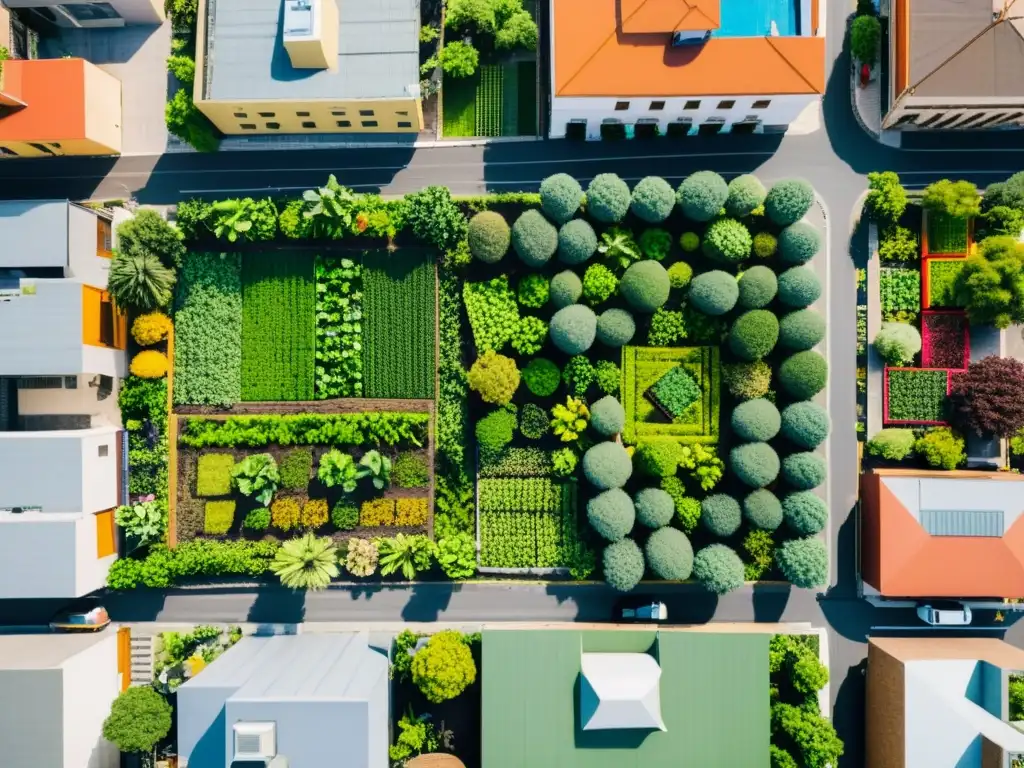 Innovaciones en agricultura urbana México: vista aérea de la Ciudad de México con huertos entre rascacielos y calles bulliciosas