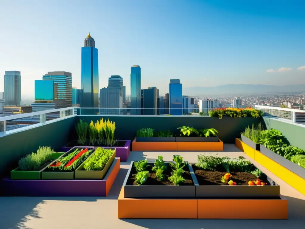 Innovaciones en agricultura urbana en México: un vibrante jardín de azotea con vegetales y hierbas, rodeado de arquitectura moderna y el horizonte de la ciudad al fondo