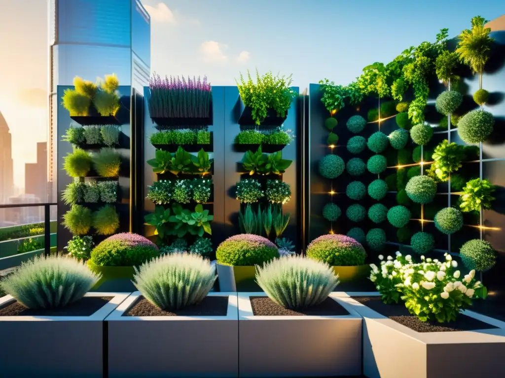 Innovaciones en huertos verticales modulares: Jardín futurista con plantas vibrantes en macetas metálicas, en contraste con la ciudad