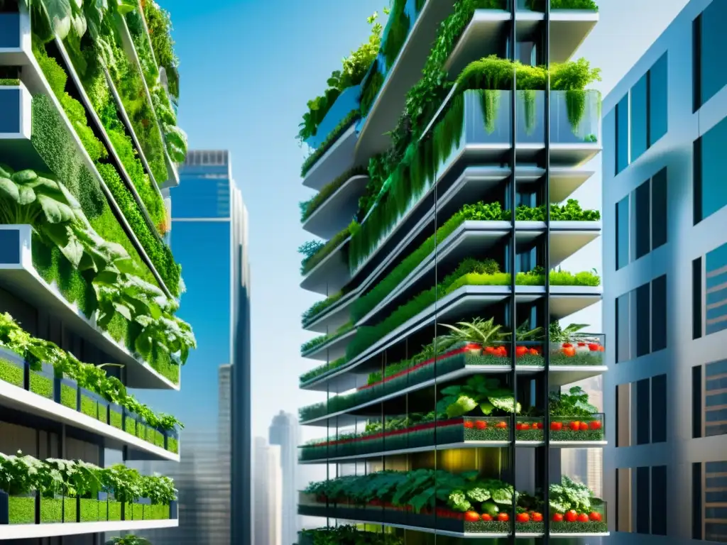 Innovaciones en huertos verticales modulares: Imagen vibrante de un rascacielos urbano futurista con jardines verticales llenos de cultivos