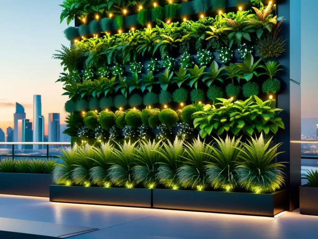 Innovaciones en huertos verticales modulares: Jardín futurista con plantas exuberantes en macetas metálicas, integrando tecnología avanzada