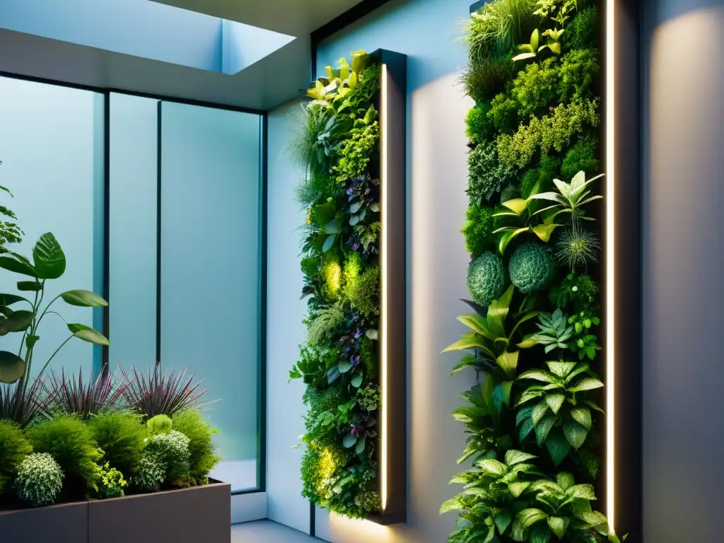 Innovaciones en huertos verticales modulares: Jardín futurista lleno de vegetación exuberante, diseño minimalista y tecnología inteligente integrada