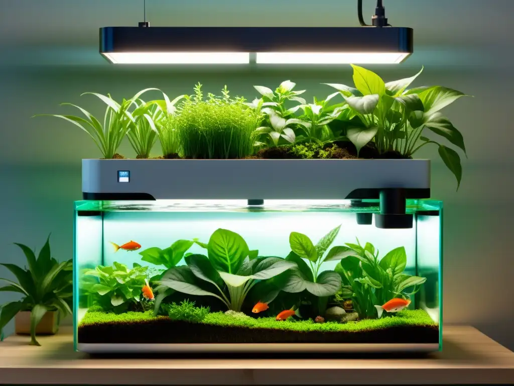 Un innovador y elegante sistema de acuaponía casera con peces y plantas vibrantes