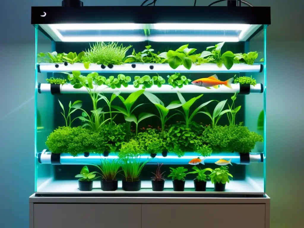 Un innovador sistema acuapónico vertical con plantas verdes y peces coloridos en armonía