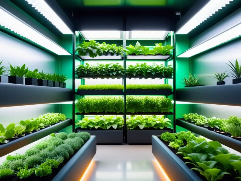 Un innovador sistema de agricultura vertical con biodiversidad de plantas exuberantes en un ambiente futurista y vibrante