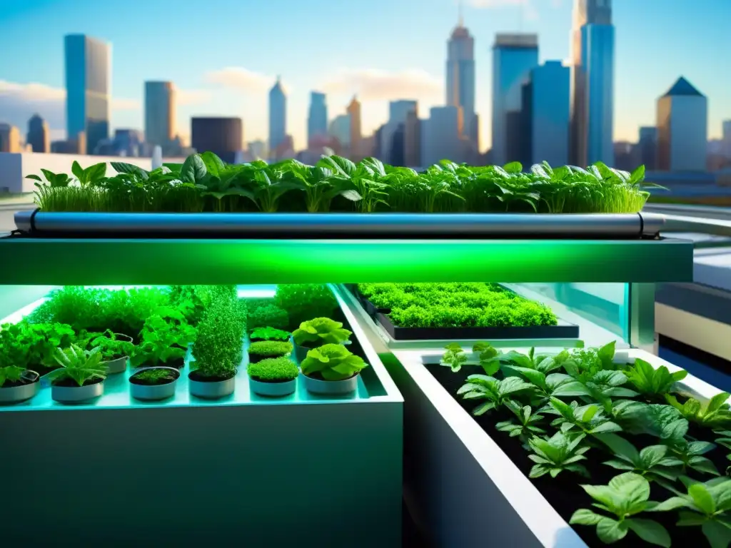 Un innovador sistema de acuaponía urbana en la azotea, muestra plantas exuberantes y peces vibrantes en tanques, integrando la agricultura sostenible