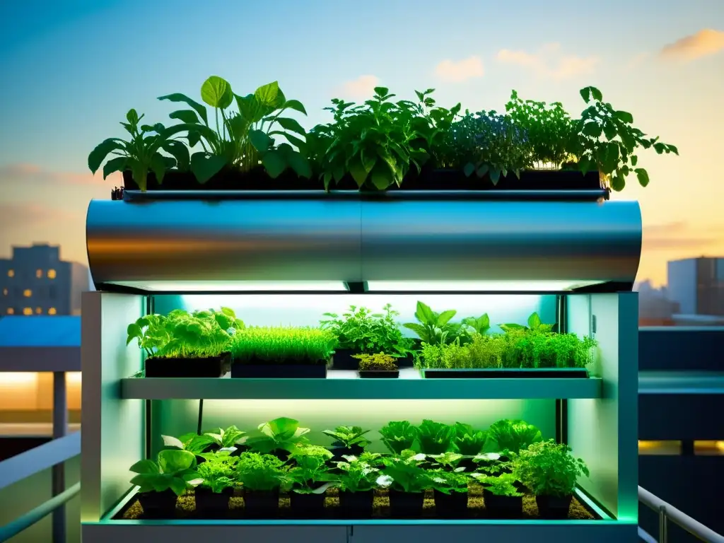 Un innovador sistema de acuaponía urbana con diseño futurista y exuberante vegetación, integrando tanques de peces vibrantes