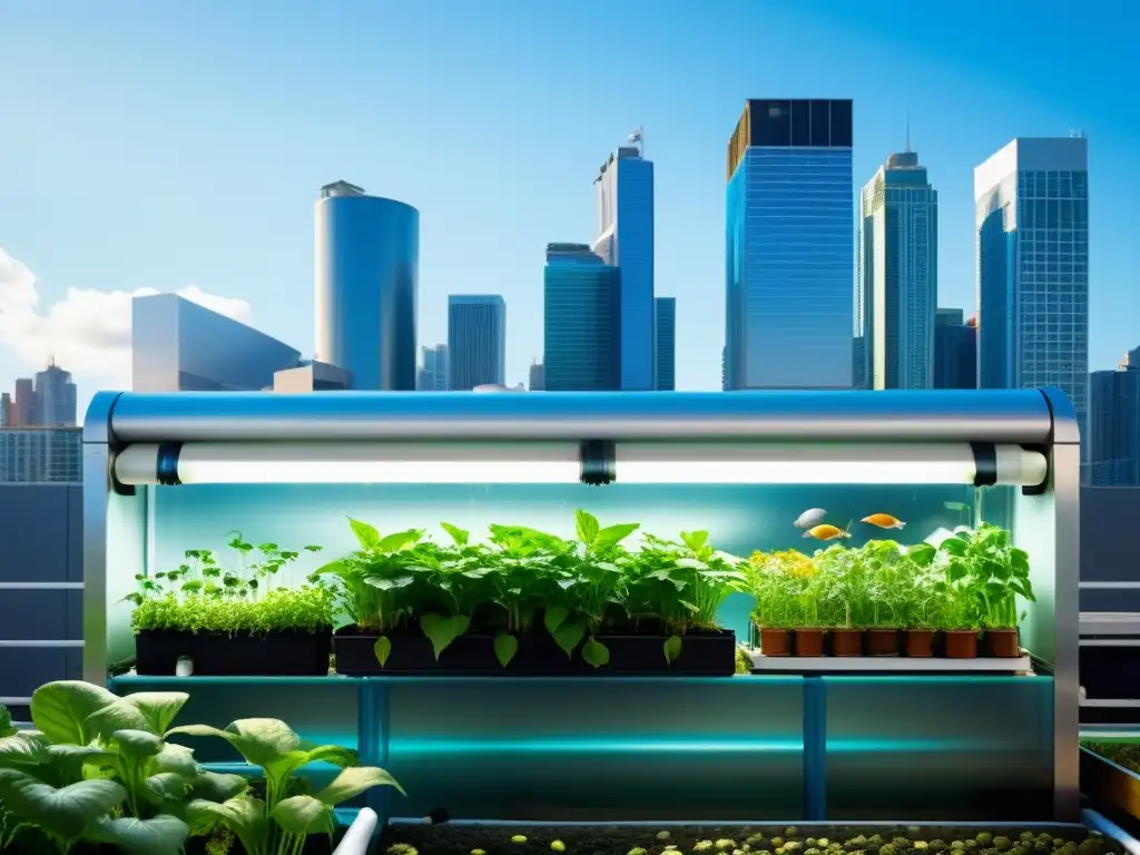 Acuaponía urbana: naturaleza en la ciudad Un innovador sistema de acuaponía urbana en un entorno moderno con plantas exuberantes y peces coloridos