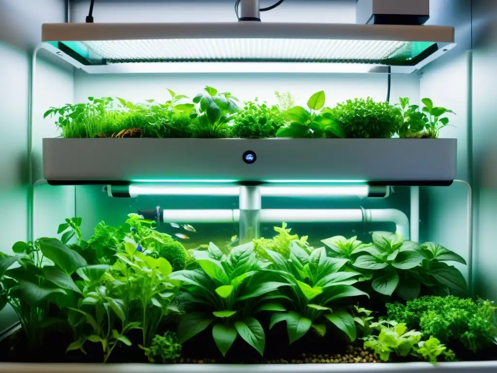Vertical Aquaponics System: Innovación Verde en 8K Un innovador sistema de acuaponía vertical, resaltando la red de tuberías, camas de plantas y tanques de peces