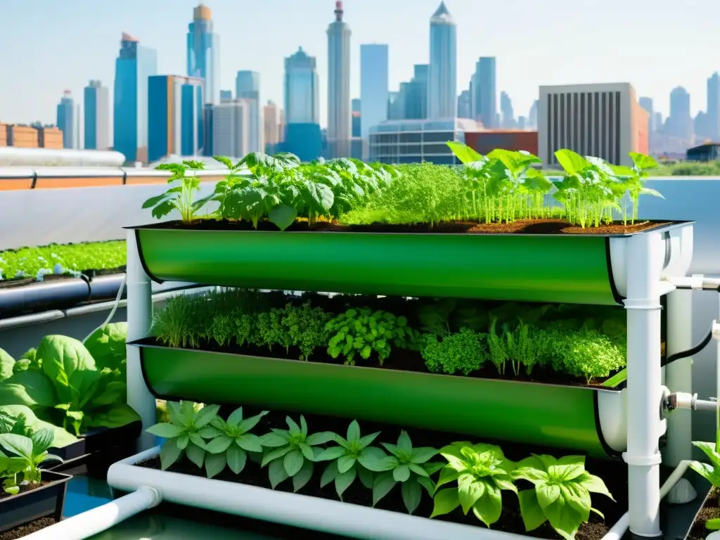 Acuaponía multinivel: innovadora agricultura urbana integrada en la ciudad moderna, con plantas prósperas y verduras abundantes