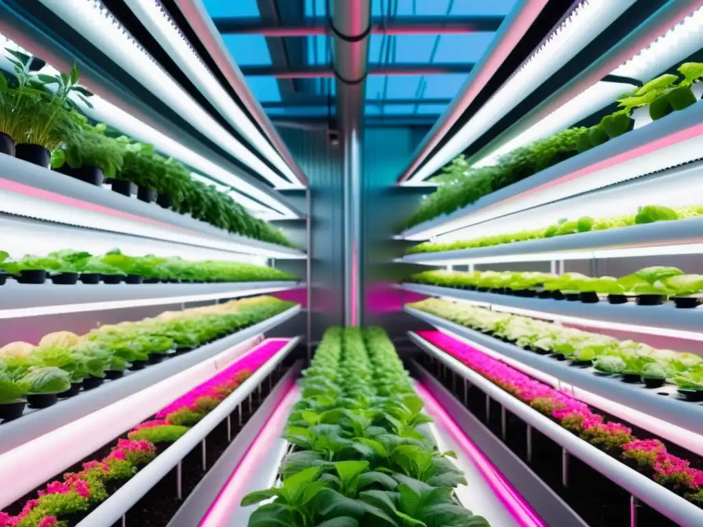 'Innovadoras soluciones automatizadas control climático cultivos urbanos en granja vertical futurista con plantas verdes bajo luces LED rosadas