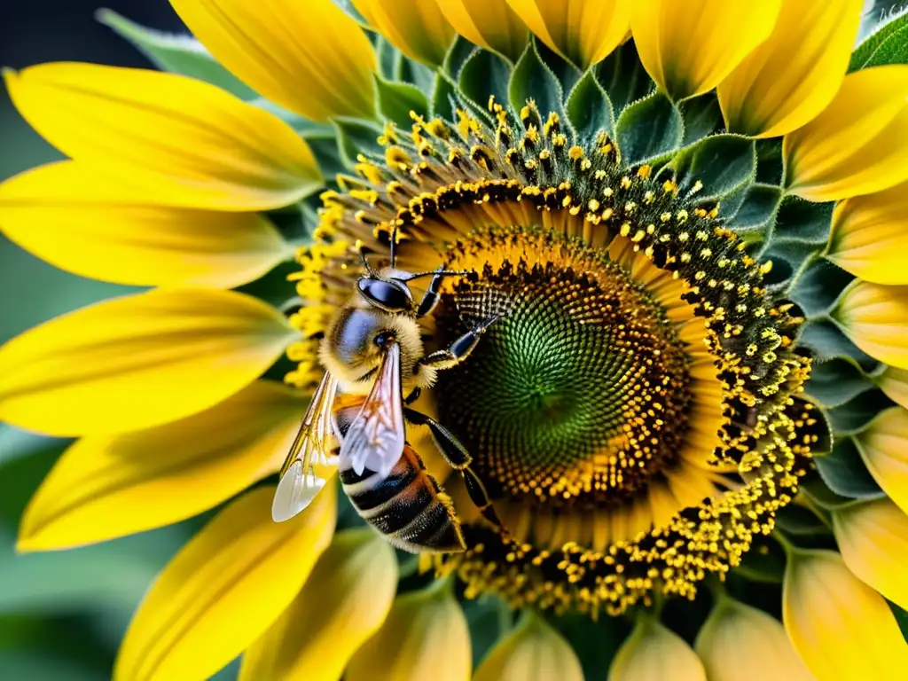 Abeja cubierta de polen junto a girasol vibrante Insecto polinizador cubierto de polen cerca de un girasol, resaltando la importancia de insectos polinizadores en agricultura urbana