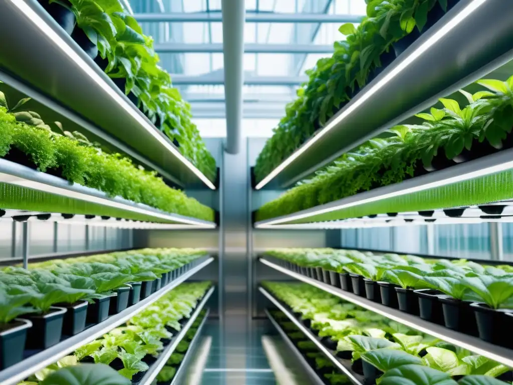 Una instalación de agricultura vertical sostenible innovadora con plantas verdes creciendo en sistemas hidropónicos y aeropónicos de última generación