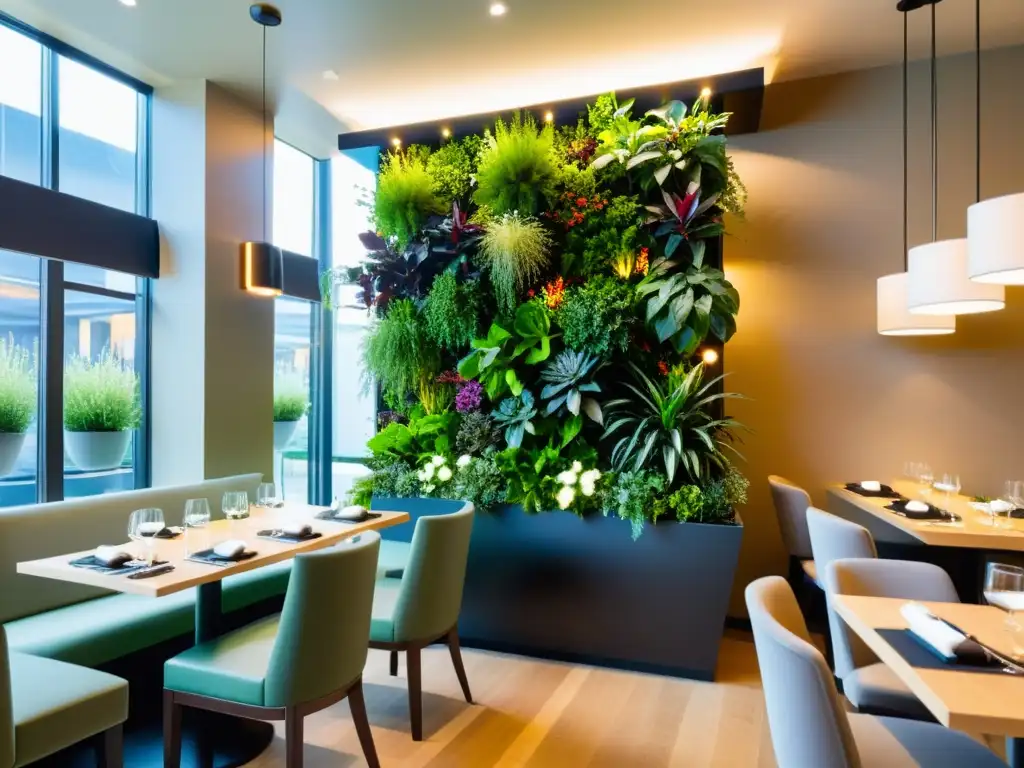 Instalación de huerto vertical en restaurante urbano, con plantas verdes en estructura geométrica iluminada