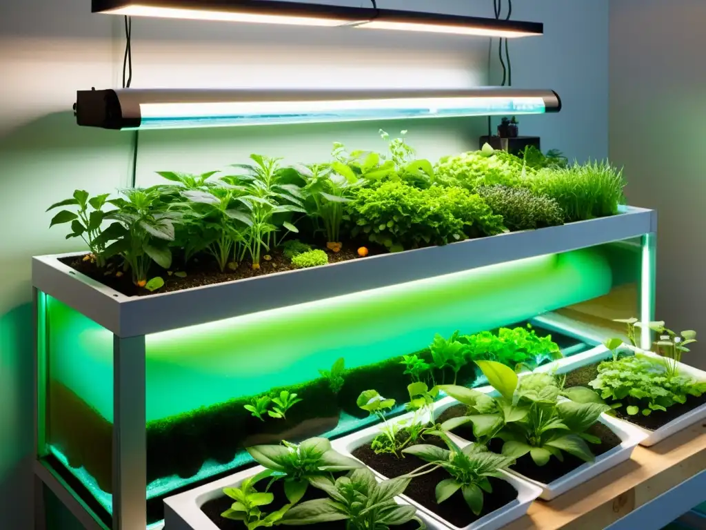 Una instalación moderna de acuaponía urbana con un diseño innovador y plantas exuberantes en contenedores de agua