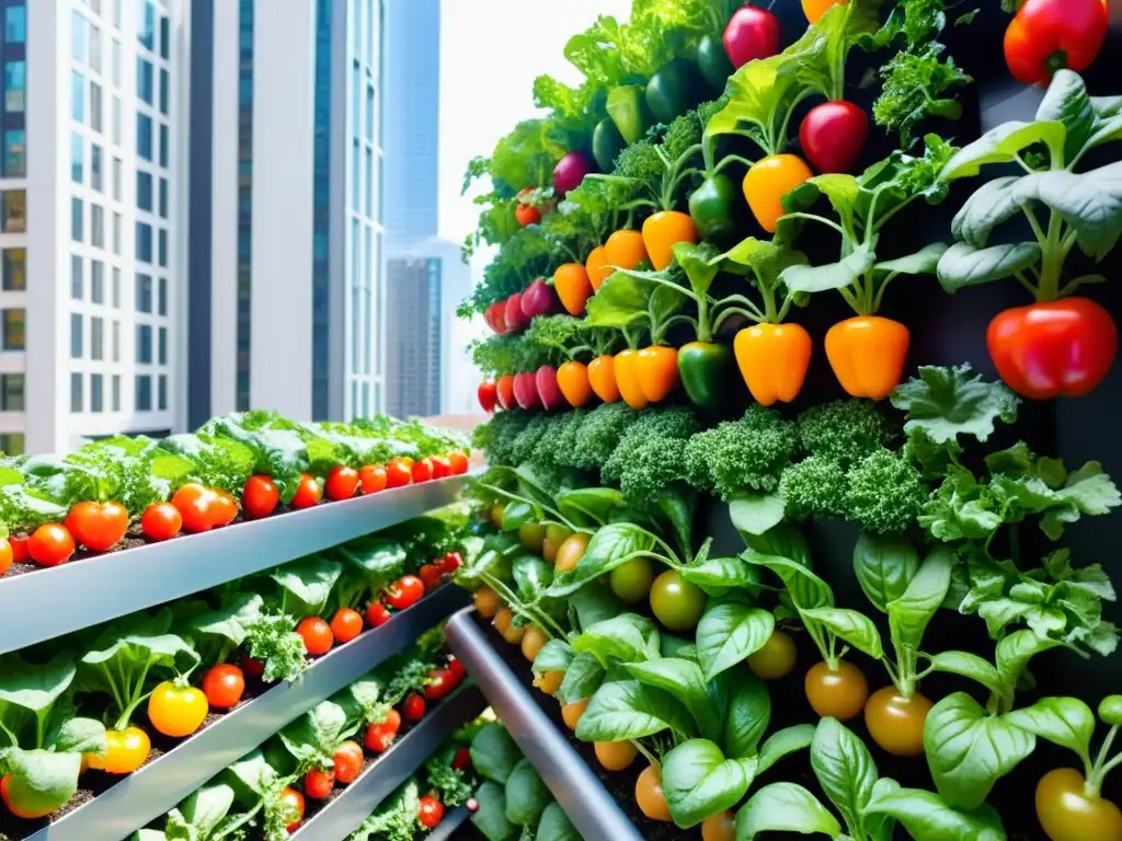 Una instalación de jardín vertical urbano vibrante y moderna, con cultivos prósperos y organización espacial