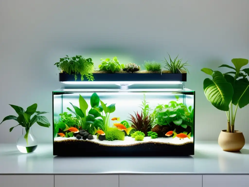 Integración estética de acuaponía en hogares: moderno sistema de acuaponía en cocina minimalista con tanque de peces y camas de cultivo blanco