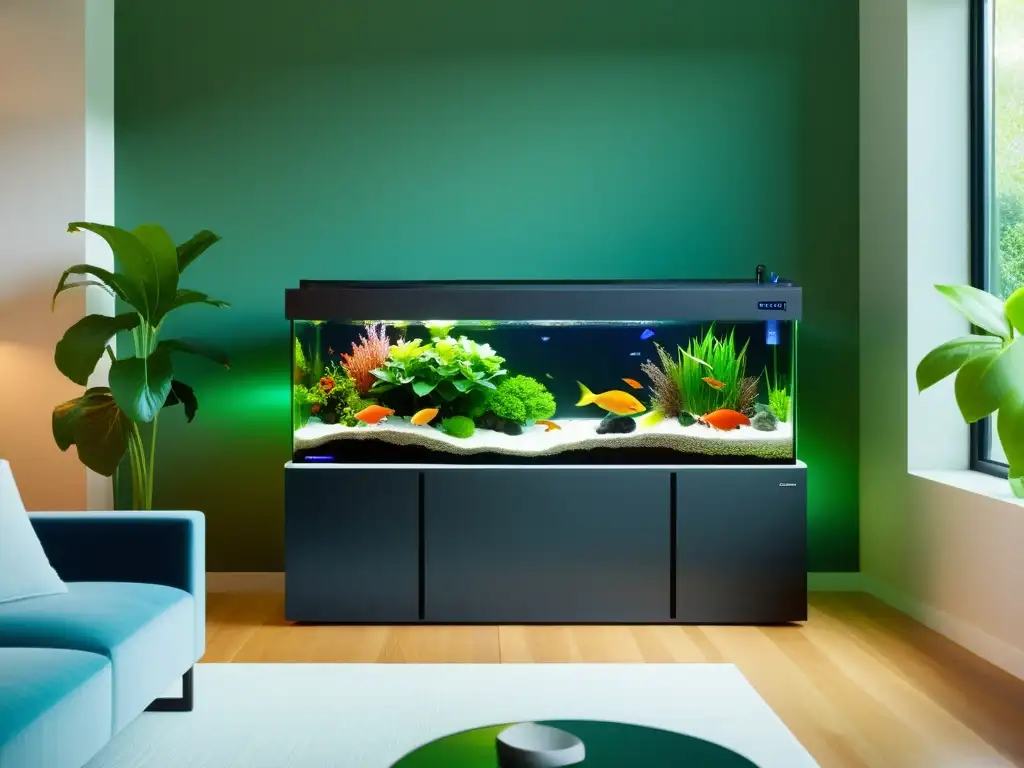 Integración estética de acuaponía en hogares: Sala moderna con sistema acuapónico elegante, plantas vibrantes y peces coloridos