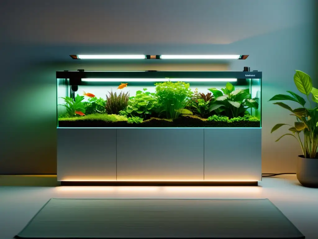 Integración estética de acuaponía en hogares: Sala minimalista con sistema integrado de acuaponía, tubos y peces visibles