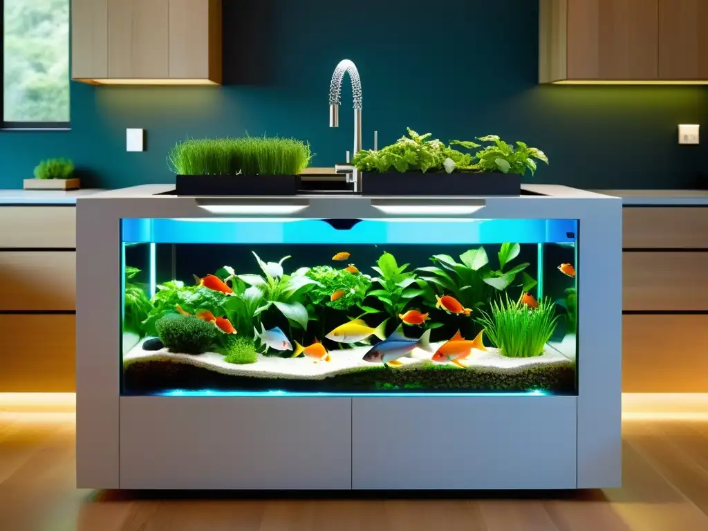 Integración estética de acuaponía en hogares: Sistema moderno en isla de cocina minimalista con plantas y peces iluminados