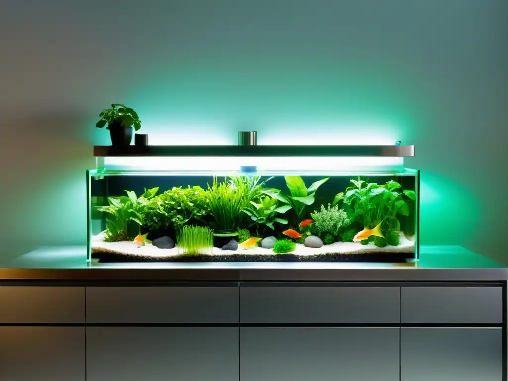 Integración estética de acuaponía en hogares: sistema moderno de acuaponía con plantas verdes y peces en una cocina minimalista