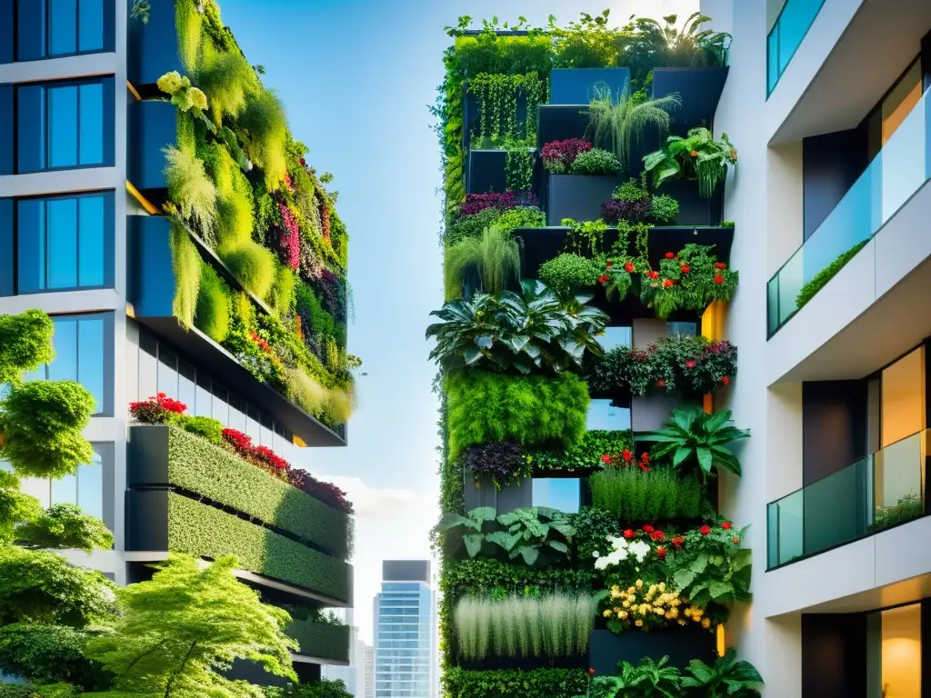 Integración huertos verticales diseño urbano: Jardín vertical en un edificio moderno, mezcla de naturaleza y arquitectura urbana