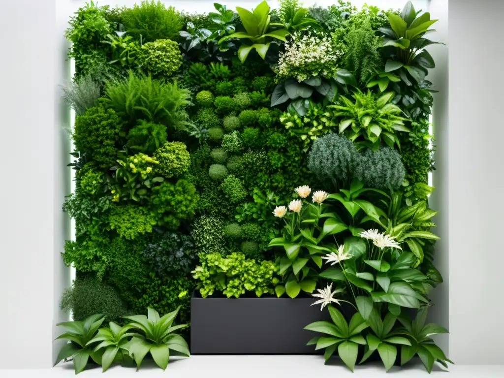 Integración de huertos verticales en diseño urbano: Jardín vertical moderno con plantas exuberantes en patrón geométrico