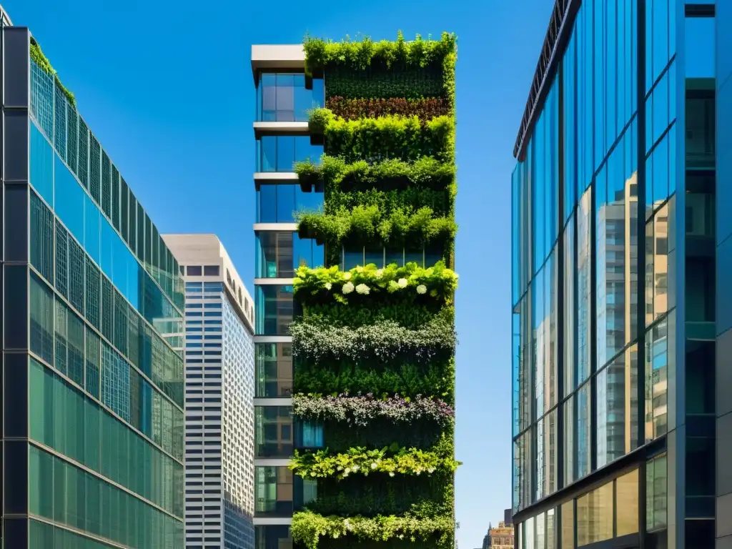Jardín vertical futurista en Nueva York Integración huertos verticales vida cotidiana: Jardín vertical moderno en rascacielos de Nueva York, integrando naturaleza en la ciudad
