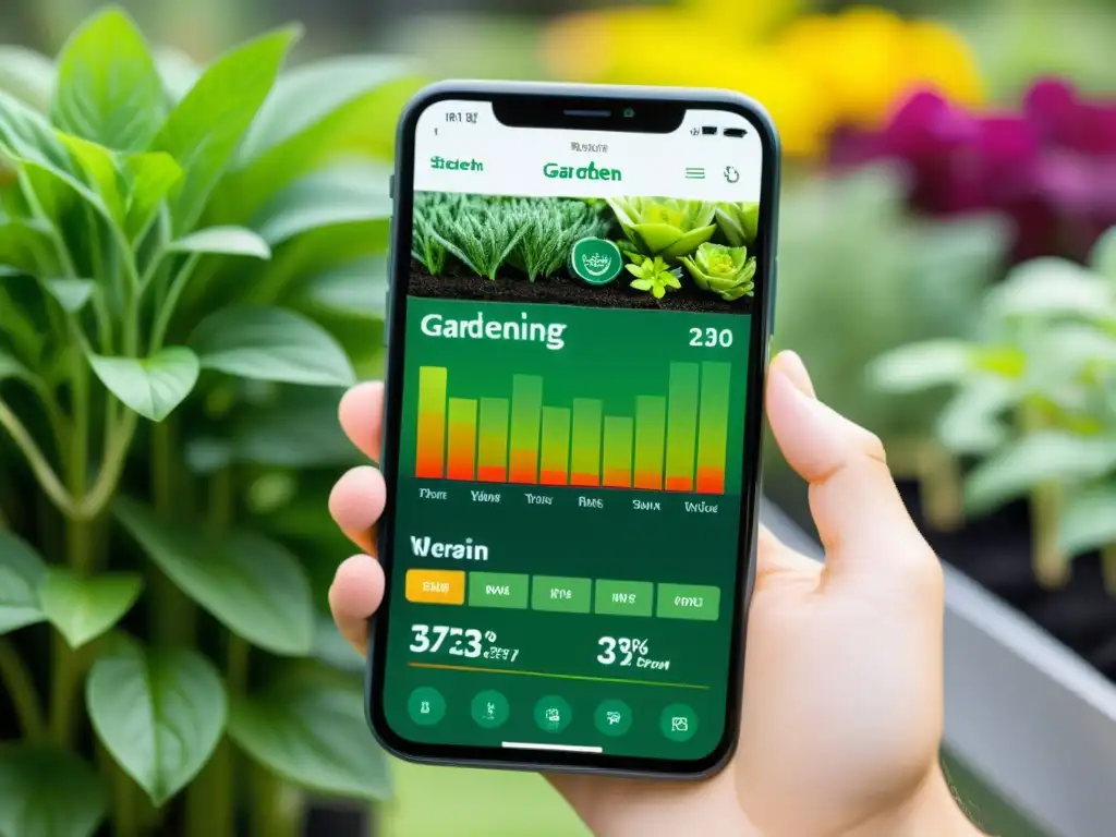 Interfaz de app para huertos urbanos conectados con diseño moderno y vibrantes imágenes de plantas