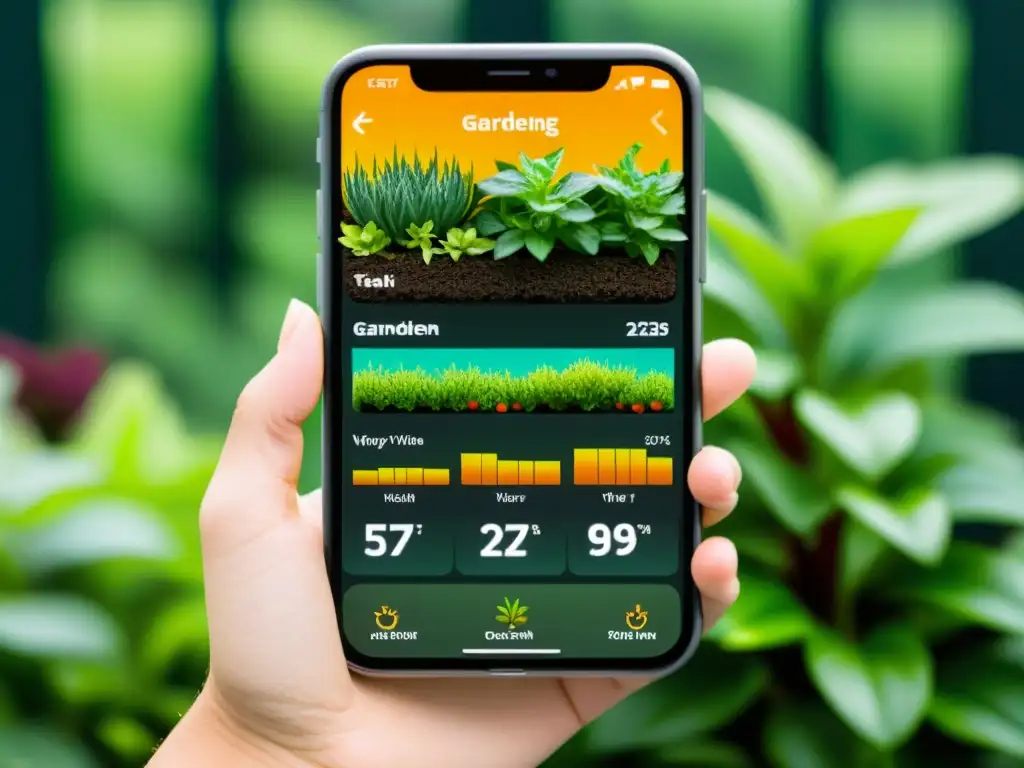 Una interfaz de app de jardinería moderna y atractiva con monitoreo en tiempo real para huertos verticales