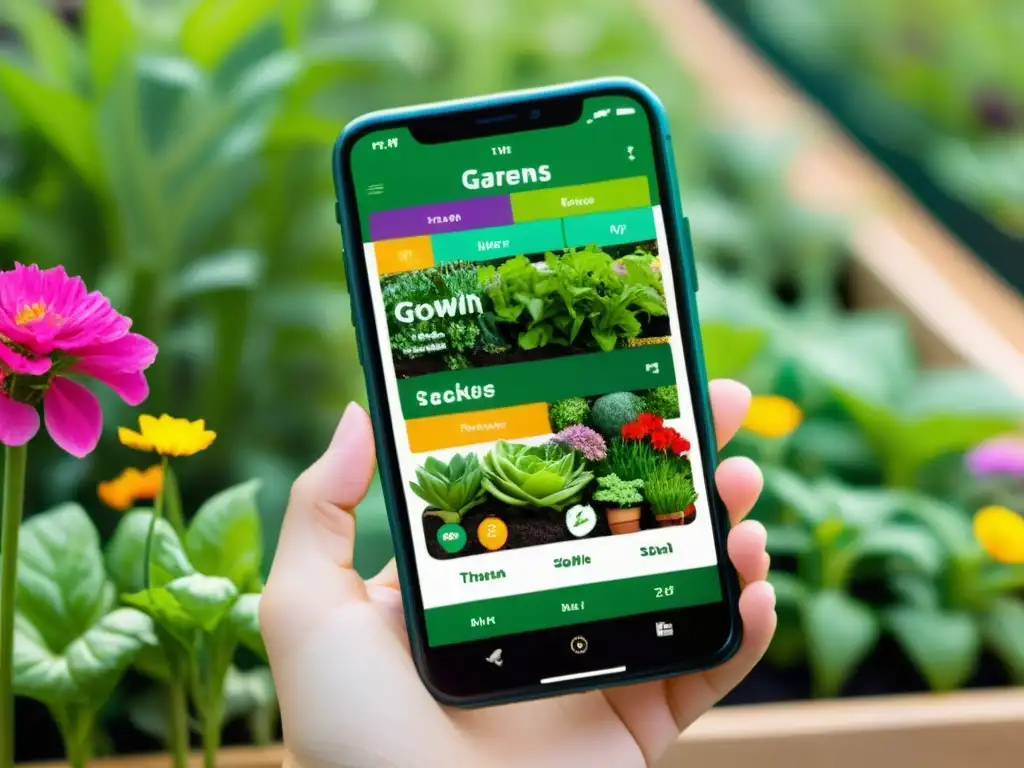 Interfaz de app móvil para huertos urbanos con diseño moderno y vibrante, mostrando plantas, gráficos de crecimiento y jardín urbano exuberante