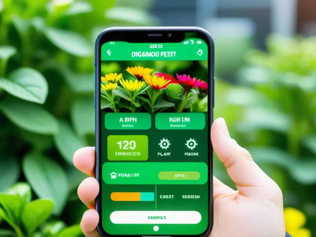 Interfaz hightech de app para diagnosticar plagas y enfermedades en huerto urbano, rodeada de exuberante naturaleza