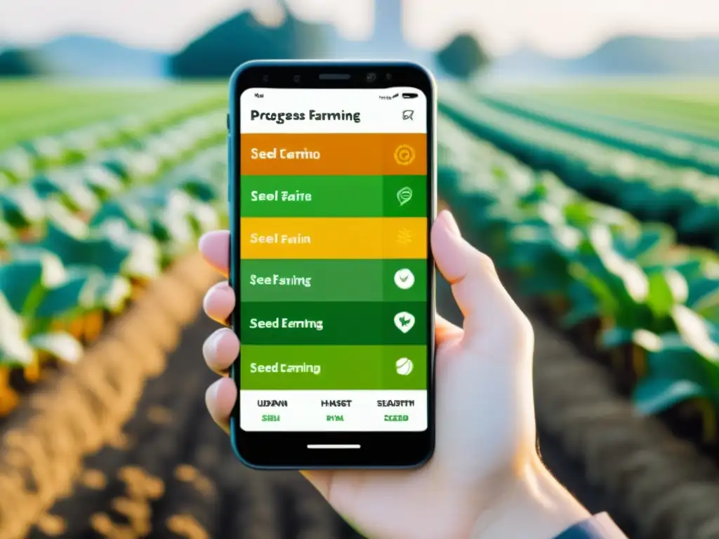 Una interfaz de app para documentar el progreso agrícola, con gráficos vibrantes y diseño moderno